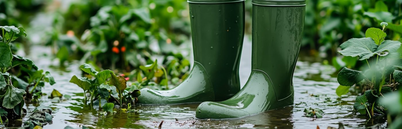 A pair of green rain boots in a puddle